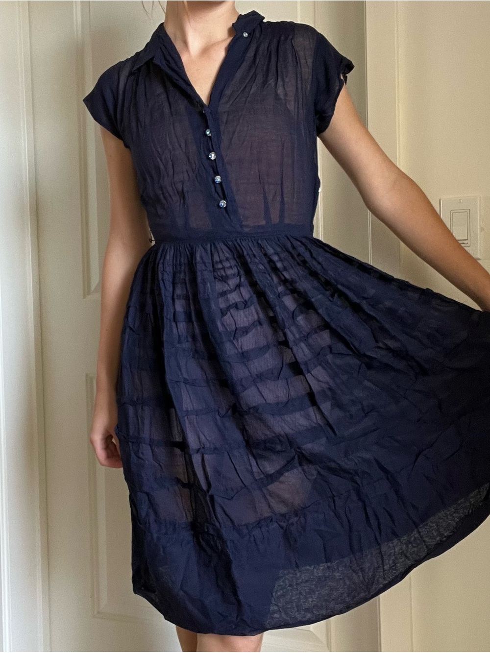 Vintage Navy Short-Sleeve Fit-and-Flare Dress sheer